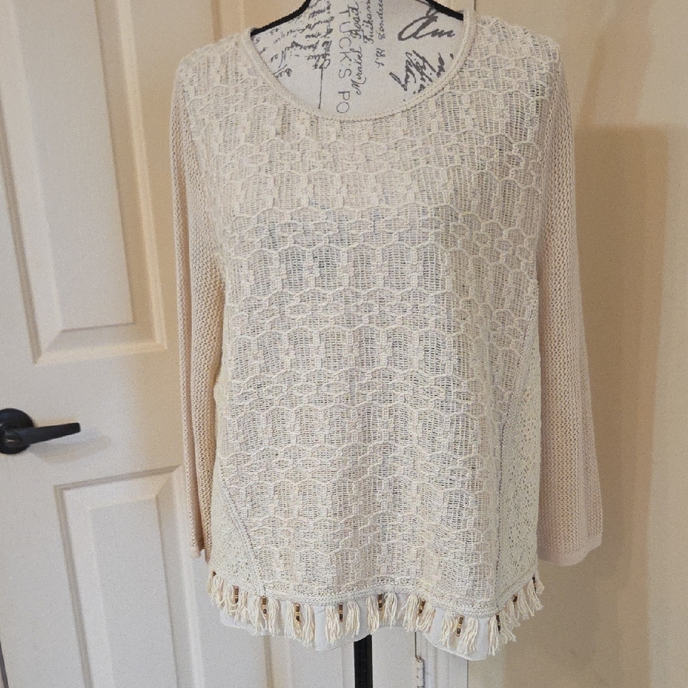 Chico's Boho Style Cream Lace Blouse with Fringe And Lace
